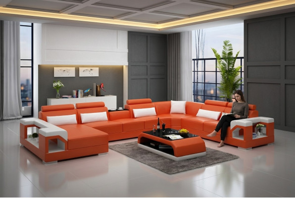 Sofá de esquina de diseño, muebles de salón, decoración, sofá de esquina moderno con cojines de cuero.