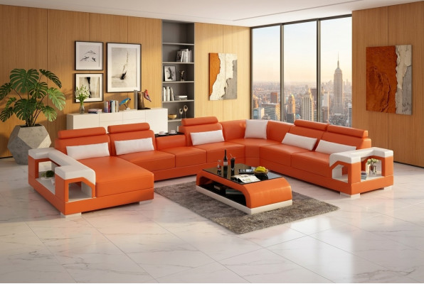 Sofá de esquina de diseño, muebles de salón, decoración, sofá de esquina moderno con cojines de cuero.
