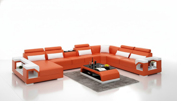Sofá de esquina de diseño, muebles de salón, decoración, sofá de esquina moderno con cojines de cuero.