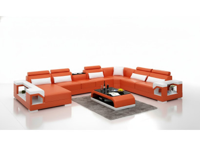 Sofá de esquina de diseño, muebles de salón, decoración, sofá de esquina moderno con cojines de cuero.