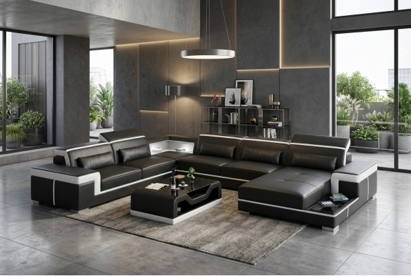 Sofá de esquina Diseño Mobiliario de salón moderno Sofá esquinero con tapizado de cuero