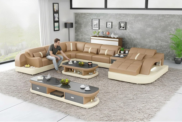 Sofá de cuero xxl, sofá, cojines, salón, paisaje, diseño moderno, diseñador