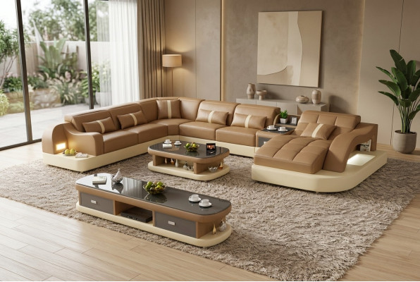 Sofá de cuero xxl, sofá, cojines, salón, paisaje, diseño moderno, diseñador