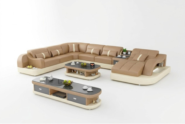 Sofá de cuero xxl, sofá, cojines, salón, paisaje, diseño moderno, diseñador