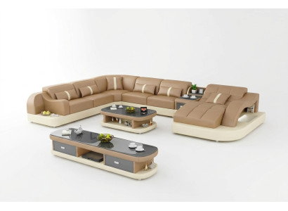 Sofá de cuero xxl, sofá, cojines, salón, paisaje, diseño moderno, diseñador