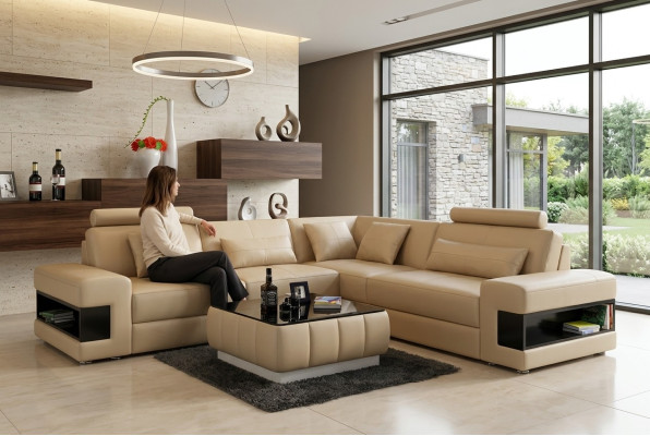 Diseño de sofá en esquina decorativo, muebles de sala de estar, sofá de esquina moderno con cojines de cuero.