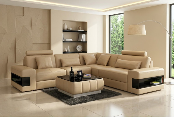 Diseño de sofá en esquina decorativo, muebles de sala de estar, sofá de esquina moderno con cojines de cuero.