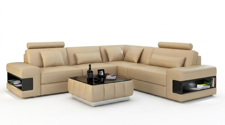 Diseño de sofá en esquina decorativo, muebles de sala de estar, sofá de esquina moderno con cojines de cuero.