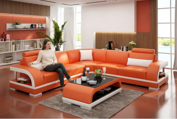 Sofá de cuero XXL de sala de estar, sofá de esquina moderno de diseñadora, tapizado.