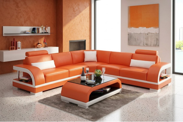 Sofá de cuero XXL de sala de estar, sofá de esquina moderno de diseñadora, tapizado.