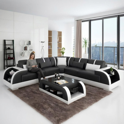 Diseño de sofá de esquina moderno para la sala de estar, mueble de esquina, sofá de cuero acolchado.