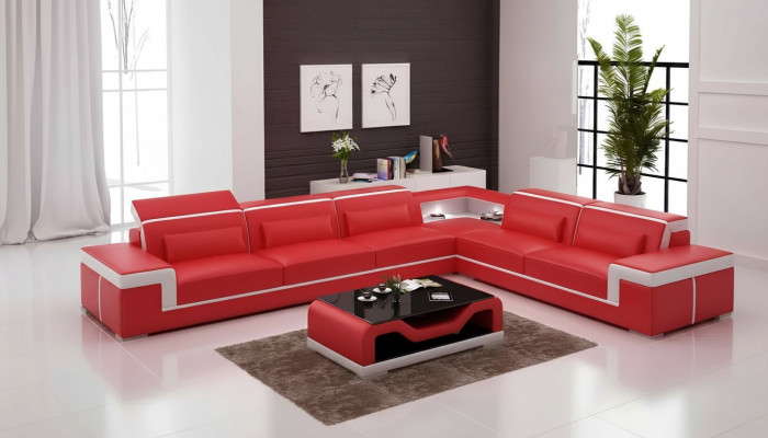 Diseño de sala de estar Sofá esquinero Muebles Sofá de esquina con cojines de cuero Sofá en forma de L + mesa