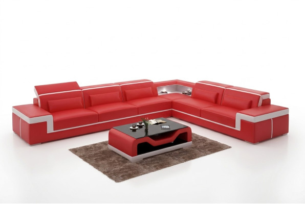 Diseño de sala de estar Sofá esquinero Muebles Sofá de esquina con cojines de cuero Sofá en forma de L + mesa