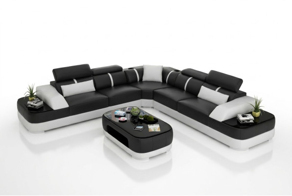 Sofá de esquina para sala de estar en diseño de sofá de esquina, muebles modernos con cojines de cuero.