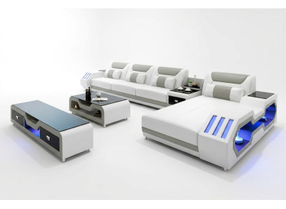 Sofá de cuero LED iluminado Sofá de esquina de diseñador con tapizado modular 2 piezas