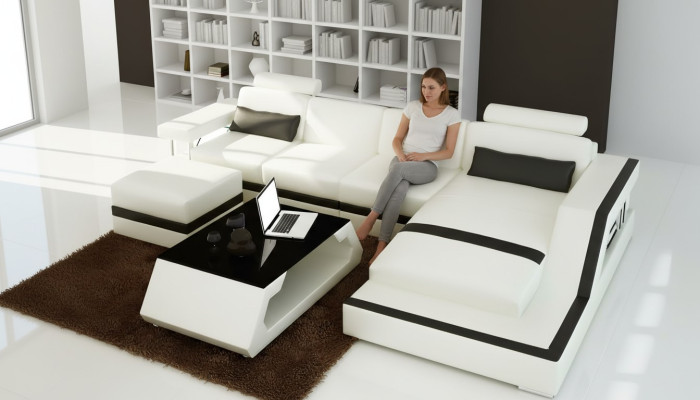 Sofá de cuero sofá de esquina en forma de L mesa de centro taburete moderno conjunto de sofás de 3 piezas nuevo
