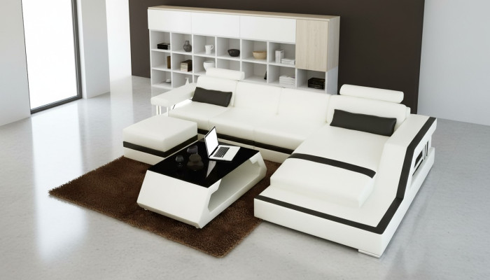 Sofá de cuero sofá de esquina en forma de L mesa de centro taburete moderno conjunto de sofás de 3 piezas nuevo