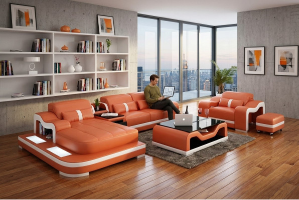Sofá moderno, sofá rinconero en forma de L, sillón decorativo, mesa de centro, taburete, sofá rinconero, tapicería.