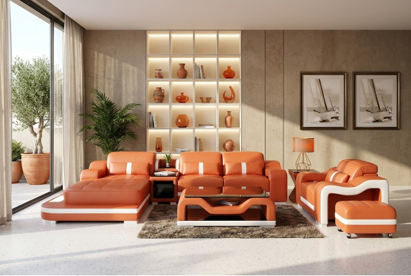 Sofá moderno, sofá rinconero en forma de L, sillón decorativo, mesa de centro, taburete, sofá rinconero, tapicería.