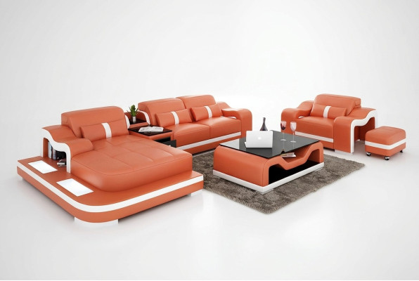 Sofá moderno, sofá rinconero en forma de L, sillón decorativo, mesa de centro, taburete, sofá rinconero, tapicería.