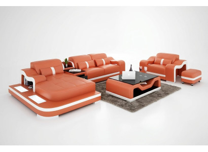 Sofá moderno, sofá rinconero en forma de L, sillón decorativo, mesa de centro, taburete, sofá rinconero, tapicería.