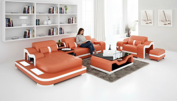 Sofá de diseñador en forma de L, sofá esquinero, cojines de asiento, tapicería, sofá de cuero para sala de estar.