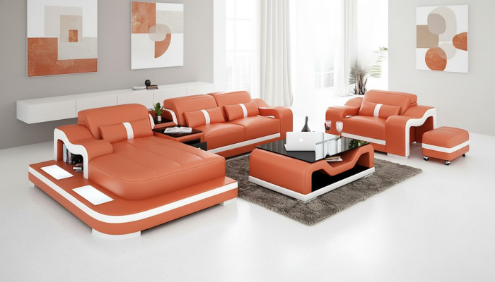 Sofá de diseñador en forma de L, sofá esquinero, cojines de asiento, tapicería, sofá de cuero para sala de estar.