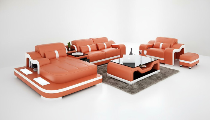 Sofá de diseñador en forma de L, sofá esquinero, cojines de asiento, tapicería, sofá de cuero para sala de estar.