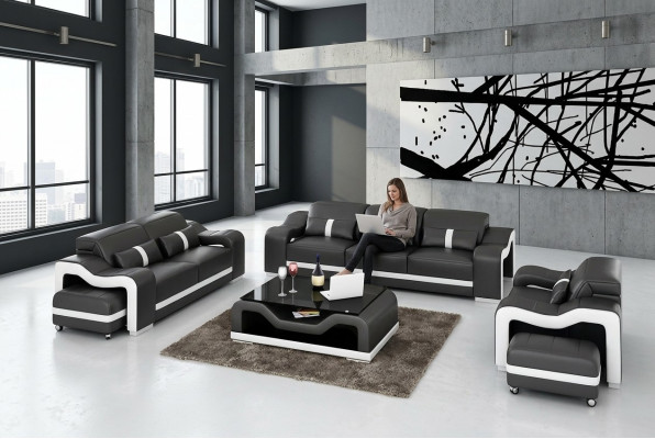 Sofá 3-2-1 de cuero, sofá moderno, conjunto de sala de estar, diseño de sofá.