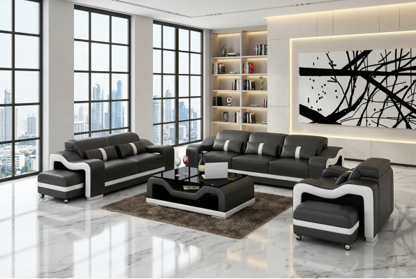 Sofá 3-2-1 de cuero, sofá moderno, conjunto de sala de estar, diseño de sofá.