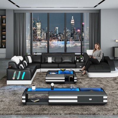 Diseño de sofá de esquina sectional iluminado con LED Sofá de esquina Sofá de esquina Sofá de cuero