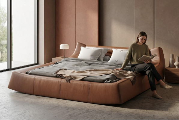 Cama doble de diseñador Cama doble de hotel moderna de cuero y tela