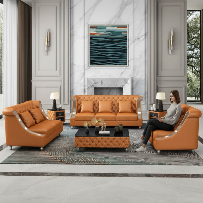 Diseño de conjunto de sala de estar de sofá 3+2 plazas en cuero estilo Chesterfield para la sala de estar.