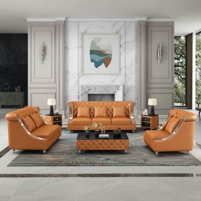 Diseño de conjunto de sala de estar de sofá 3+2 plazas en cuero estilo Chesterfield para la sala de estar.