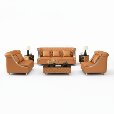 Diseño de conjunto de sala de estar de sofá 3+2 plazas en cuero estilo Chesterfield para la sala de estar.
