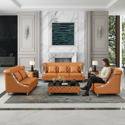 Sofá de cuero Chesterfield Conjunto completo de sofá 6 piezas. Conjunto de asientos de cuero.
