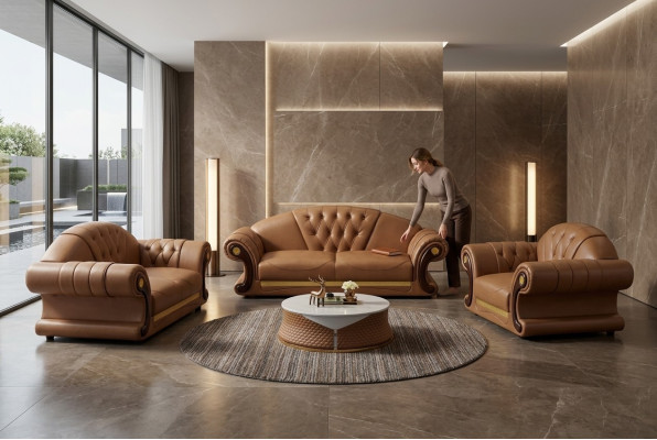Sofá Chesterfield Sofá de cojín 3 plazas Decoración de cojines de cuero nuevo