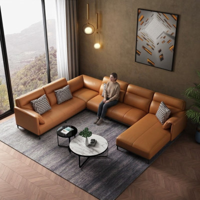 Sofá de esquina para sala de estar, diseño de sofá de esquina, muebles de cuero tapizados.