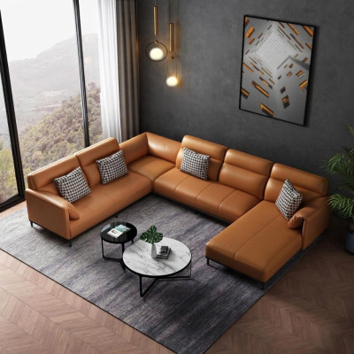 Sofá de esquina para sala de estar, diseño de sofá de esquina, muebles de cuero tapizados.