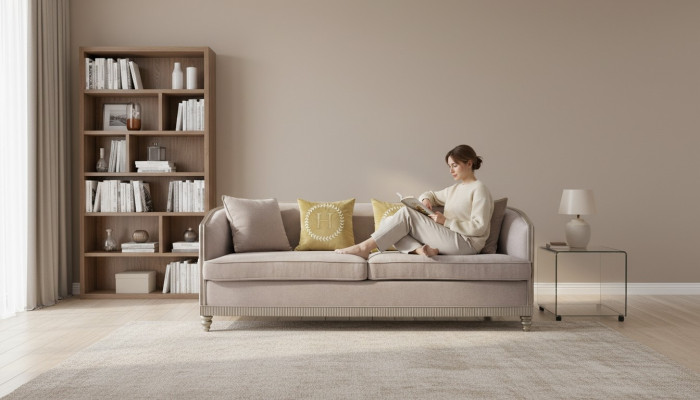 Muebles de estilo italiano sofá de tres plazas sofá tapizado de tela de madera
