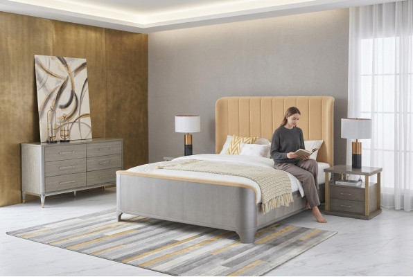 Juego de dormitorio Cama Mesita de noche Diseño Moderno Grupo de camas 3 piezas de cuero.