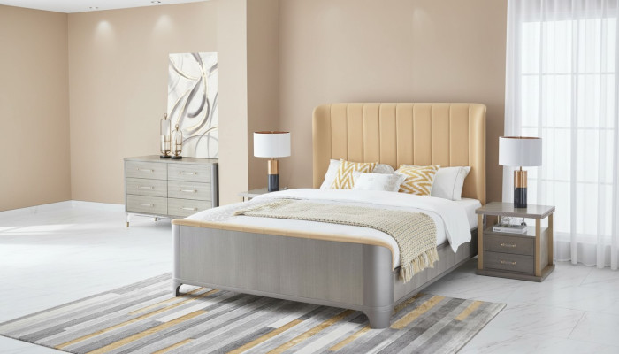 Juego de dormitorio Cama Mesita de noche Diseño Moderno Grupo de camas 3 piezas de cuero.