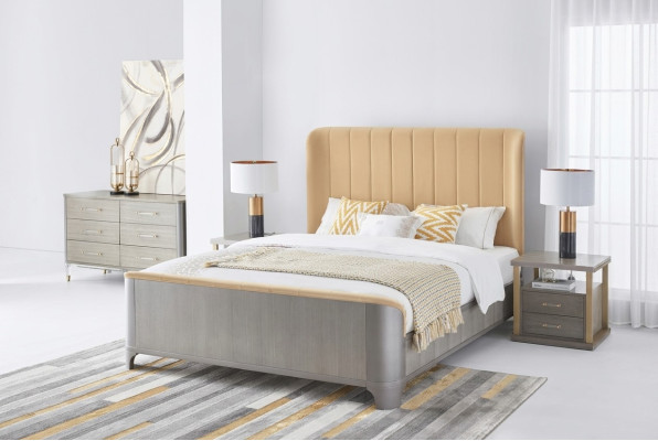 Juego de dormitorio Cama Mesita de noche Diseño Moderno Grupo de camas 3 piezas de cuero.