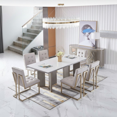 Juego de mesa para 6 sillas de mesa de lujo de estilo mobiliario de 8 piezas grupo de sillas.