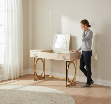 Mesa de tocador consola de diseñador, mesa de cosméticos, espejo decorativo, cómoda, tocador.