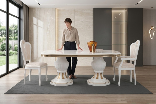 Mesa de comedor clásica Mesa de salón Mesa de estilo italiano Muebles blanco y dorado
