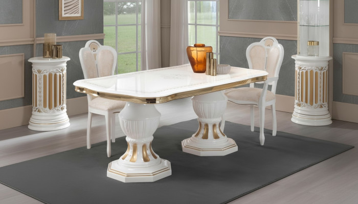 Mesa de comedor clásica Mesa de salón Mesa de estilo italiano Muebles blanco y dorado