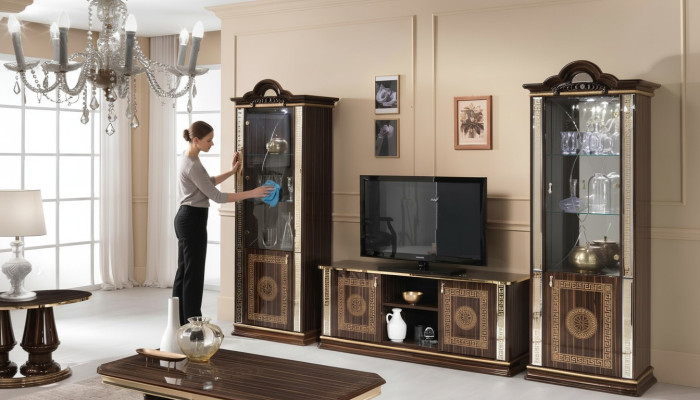 Mueble de pared italiano conjunto de 3 piezas con armario de muebles y vitrina de muebles de lujo de televisión con vitrinas de vidrio.