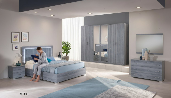 Muebles de dormitorio Set cama 2x mesita de noche cómoda espejo armario ropero de 6 piezas.