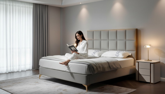 Diseño cama dormitorio camas textil hotel lujo tapizado asiento tela muebles nuevo.
